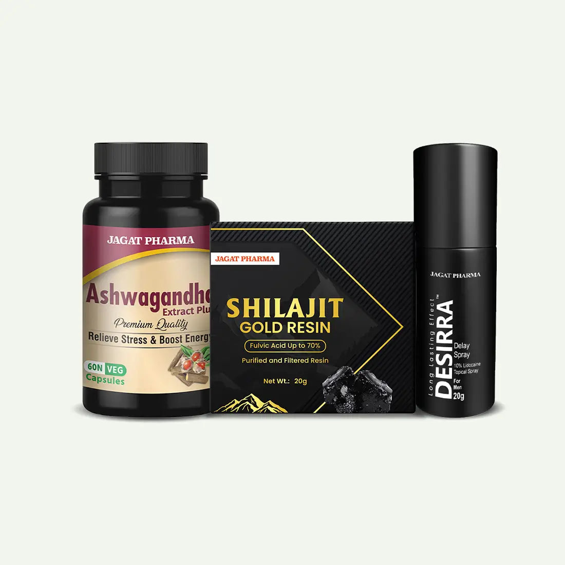 Jagat Pharma + Ashwagandha +  Shilajit Gold Resin + Desirra  spray bottle.