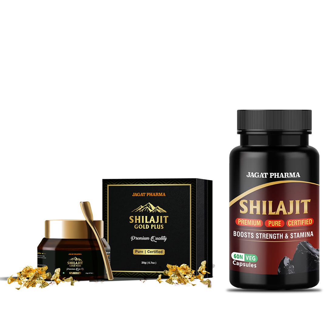 Premium Himalayan Shilajit/Shilajeet 60 Capsules + Shilajit Gold Plus Resin 20g - For Strength Power Stamina
