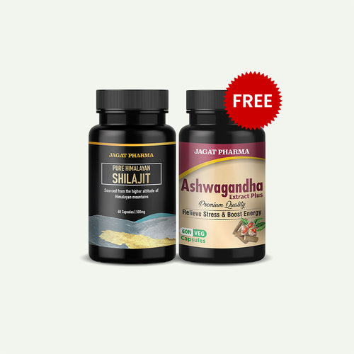 Two black supplement bottles from Jagat Pharma on a light gray background, with a red starburst badge reading FREE. The left bottle is Pure Himalayan Shilajit, and the right bottle is Ashwagandha Extract Plus.