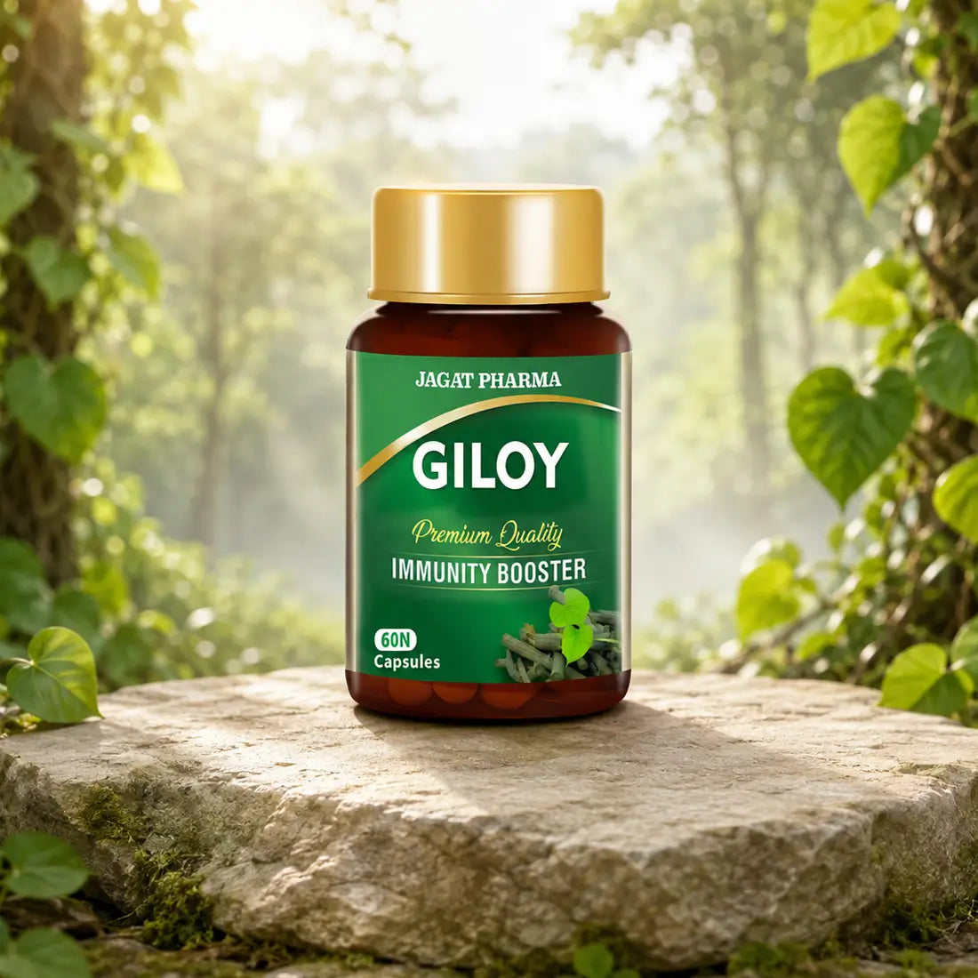 A bottle of GILOY Premium Quality Immunity Booster capsules by Jagat Pharma,