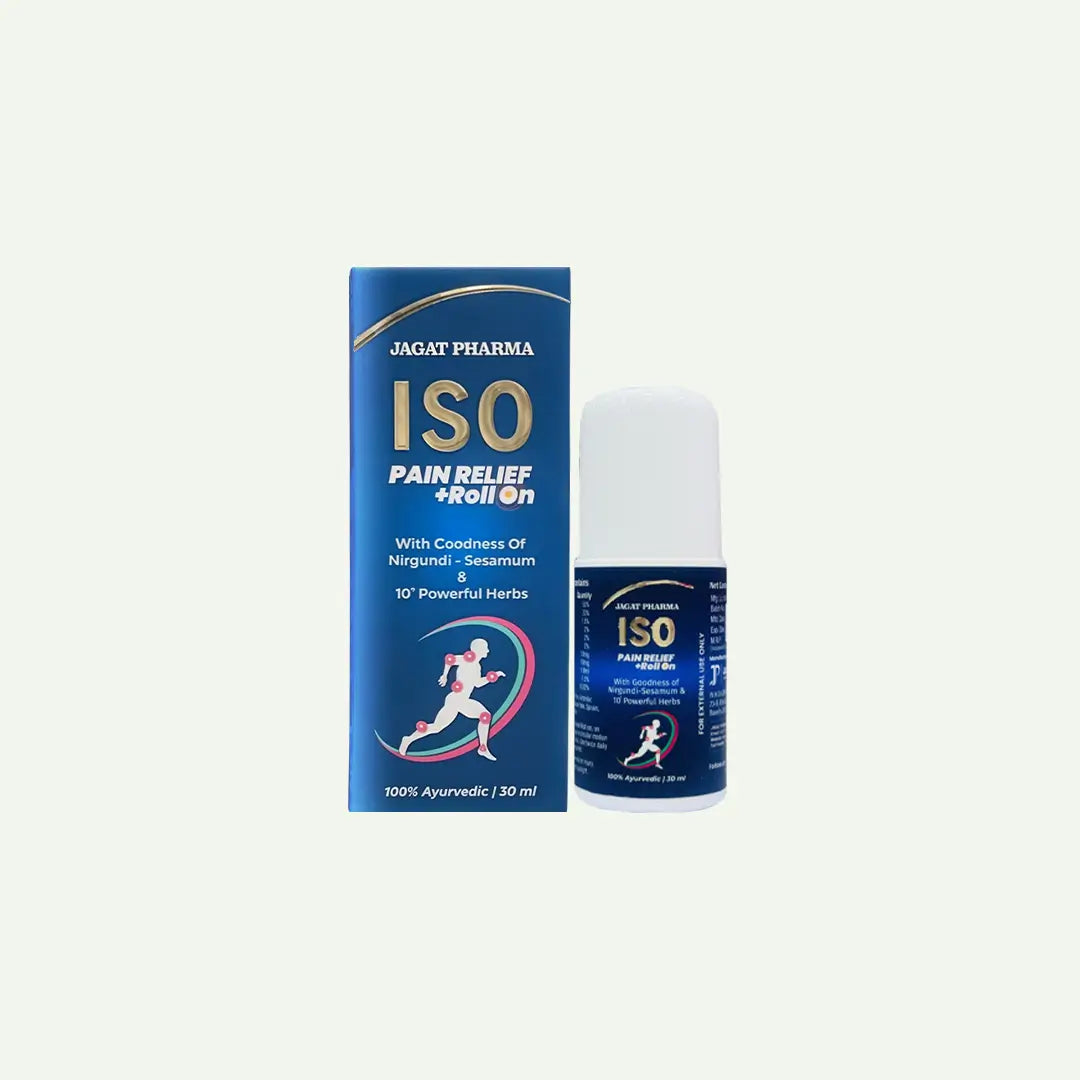 JGAT PHARMA ISO Pain Relief Roll-on medicine shown with its blue retail box and the roll-on bottle on a plain
