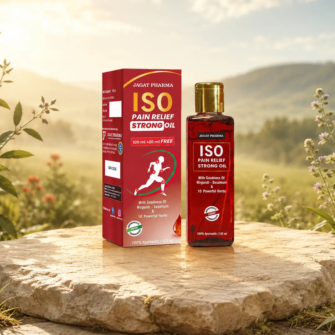 Jagat Pharma ISO Pain Relief Strong Oil bottle and packaging box displayed on a stone slab with a blurred outdoor mountain landscape in the background.