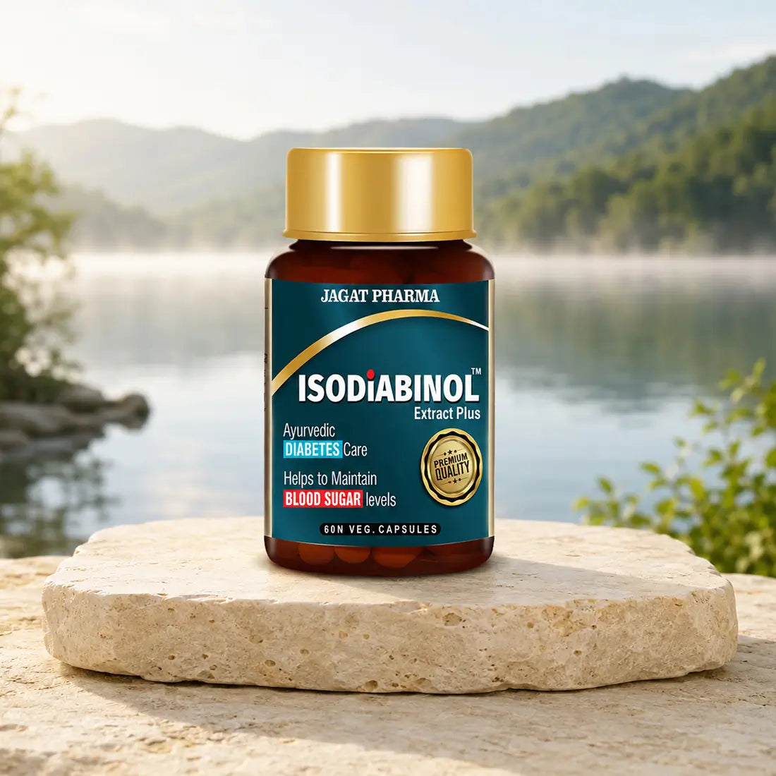 A bottle of Jagat Pharma Isodiabinol Extract Plus capsules sits on a stone slab with a misty lake and forested mountains in the background. The bottle has a gold cap and a dark teal label with white and gold text.
