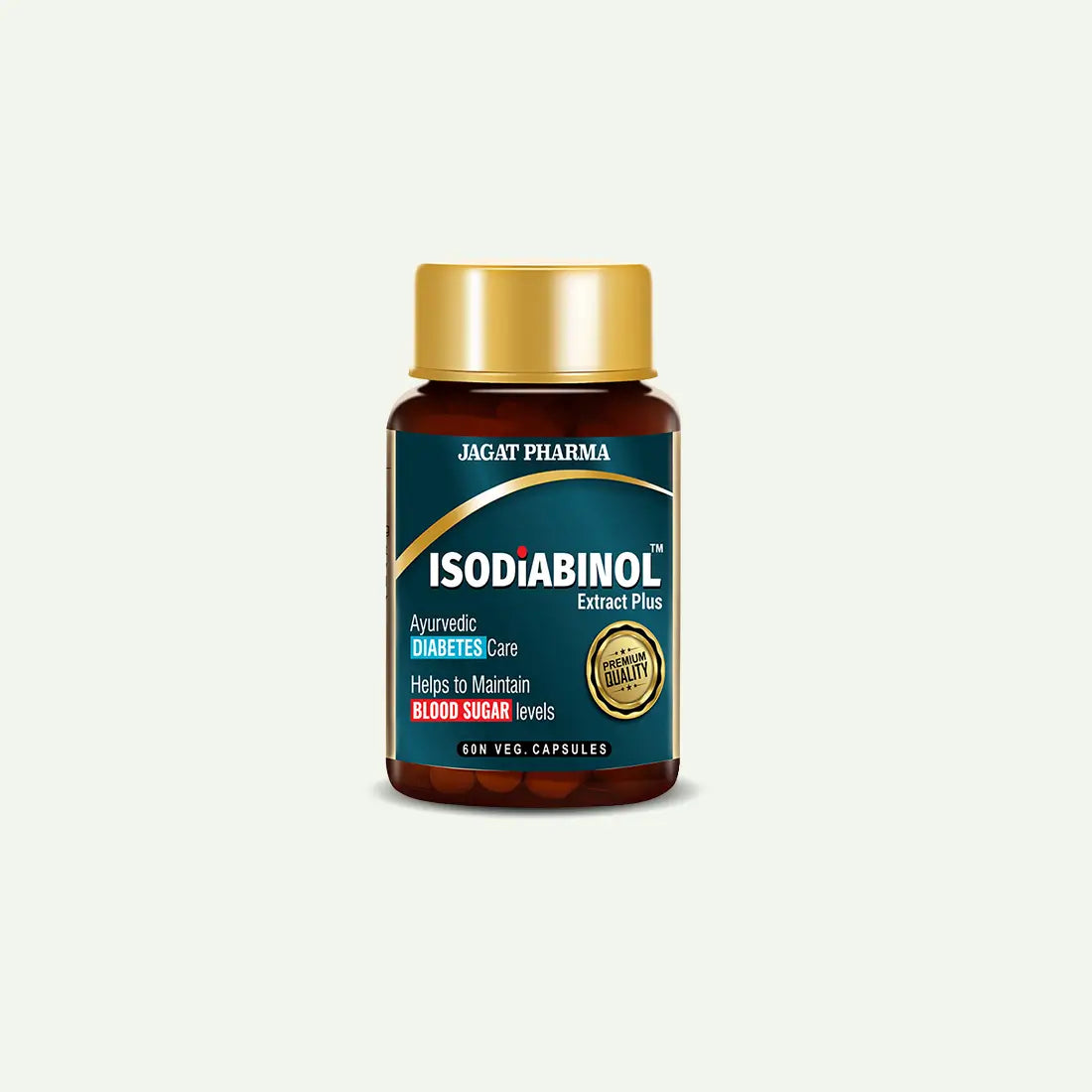 A bottle of Jagat Pharma Isodiabinol Extract Plus capsules, featuring a dark teal label with gold and white text, and a metallic gold cap, set against a solid off-white background.