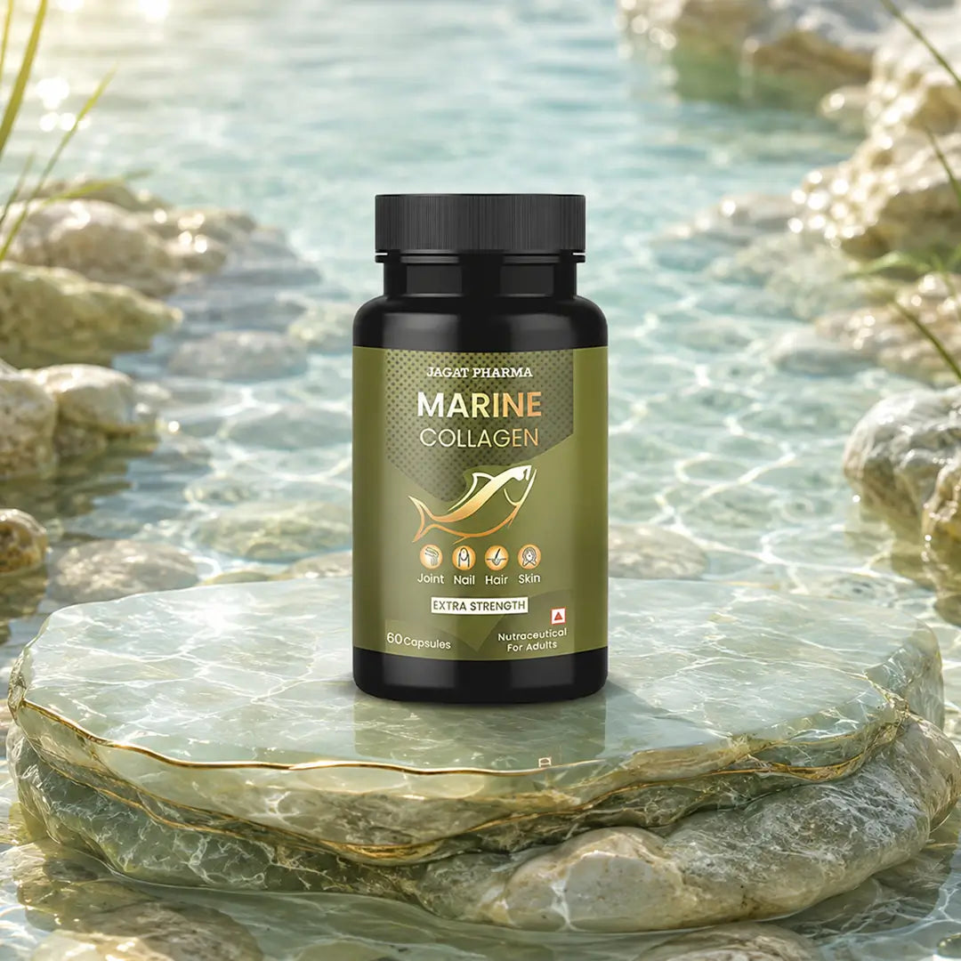 A bottle of Super Producers Marine Collagen capsules placed on a polished stone slab in shallow, clear water with rocks around it.