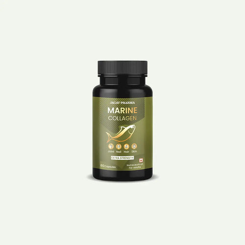 A black bottle of Great Prairie Marine Collagen supplement with a black cap, set against a solid off-white background. The label is olive green with gold text and a gold fish graphic.