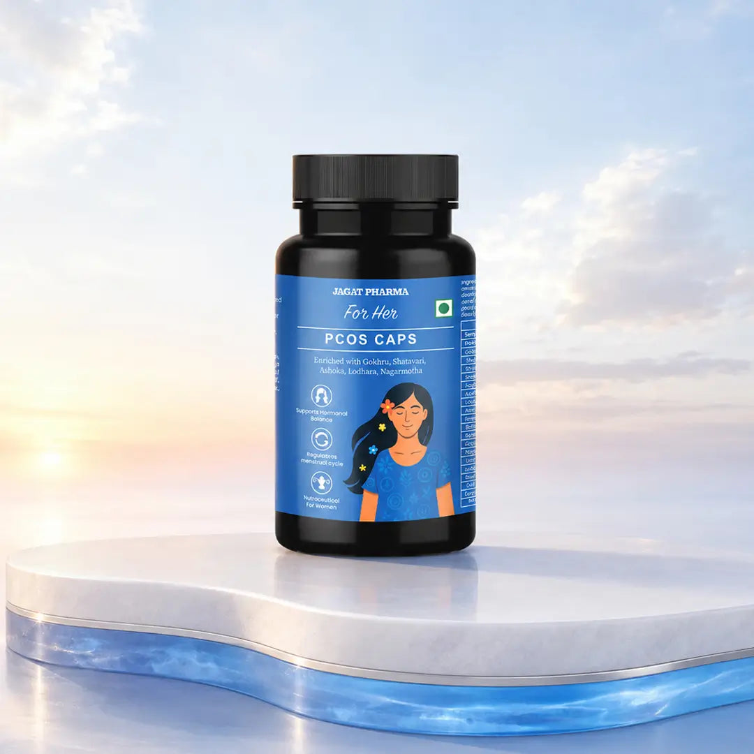 A black supplement bottle labeled 'ABHI PRASHNA for Her PCOS CAPS' stands on a glossy white display pedestal with a soft blue sky and clouds in the background.
