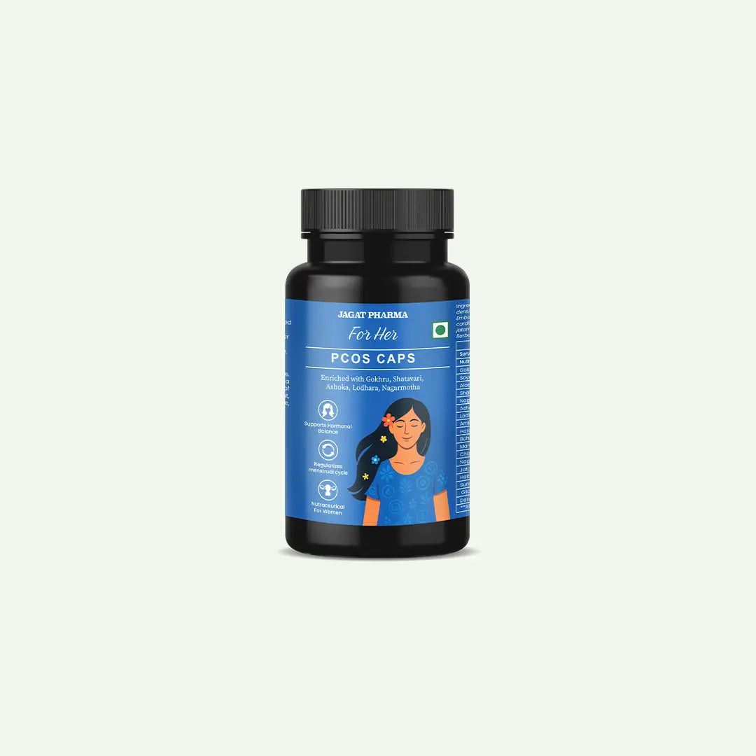 A black plastic bottle of Jagat Pharma 'for Her' PCOS CAPS dietary supplements, featuring a blue label with a stylized illustration of a woman, set against a solid off-white background.