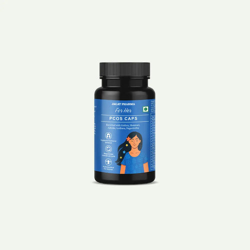 A black plastic bottle of Jagat Pharma 'for Her' PCOS CAPS dietary supplements, featuring a blue label with a stylized illustration of a woman, set against a solid off-white background.