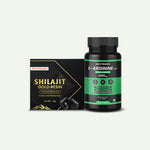 A black supplement bottle labeled 'L-ARGININE 600MG' next to its black and gold packaging box for 'SHILAJIT GOLD RESIN' by Jagat Prakash, on a light off-white background.
