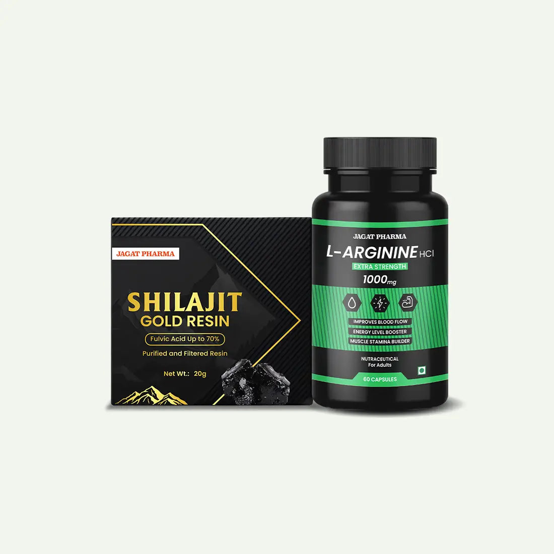 A black supplement bottle labeled 'L-ARGININE 600MG' next to its black and gold packaging box for 'SHILAJIT GOLD RESIN' by Jagat Prakash, on a light off-white background.