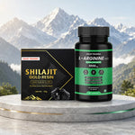 A black supplement bottle labeled 'L-ARGININE HCl 1000 mg' and its matching black-and-gold box labeled 'SHILAJIT GOLD RESIN' by Jagat Pharma, displayed on a round gray pedestal with a snowy mountain backdrop.