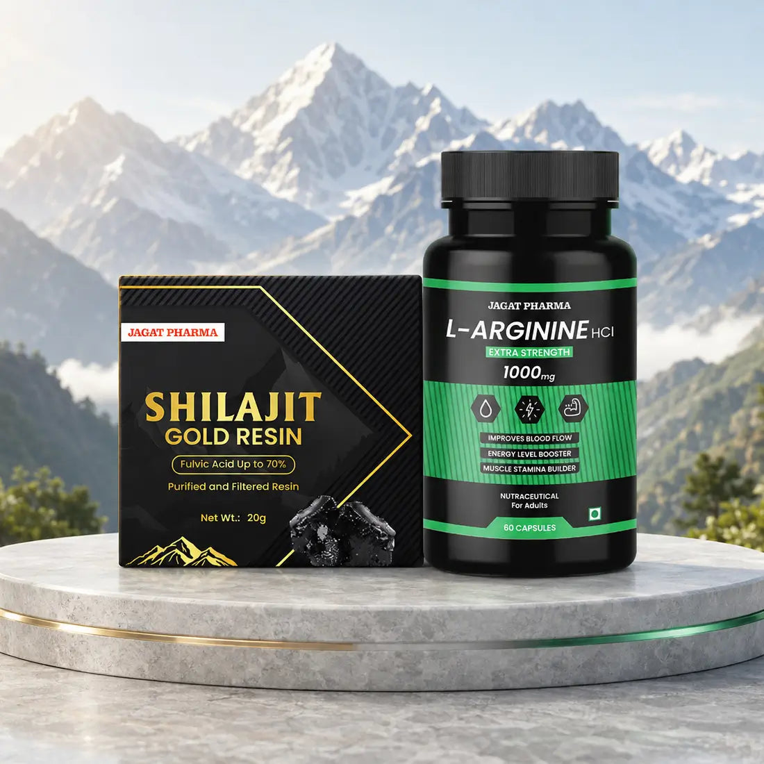 A black supplement bottle labeled 'L-ARGININE HCl 1000 mg' and its matching black-and-gold box labeled 'SHILAJIT GOLD RESIN' by Jagat Pharma, displayed on a round gray pedestal with a snowy mountain backdrop.