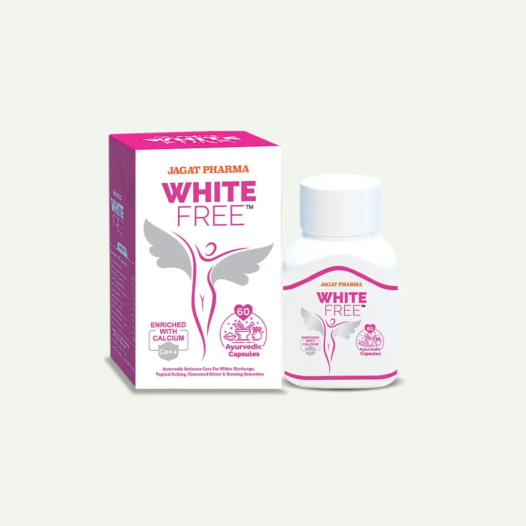 A white bottle and matching pink-and-white product box for Jagat Pharma White Free Ayurvedic capsules, shown on a plain light background.